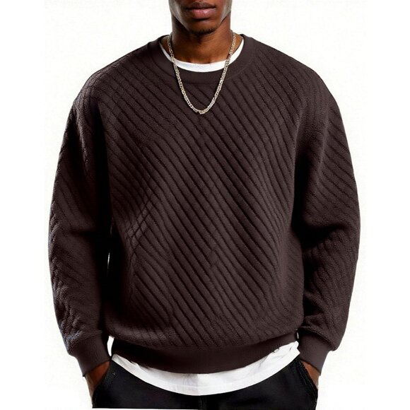 Coofandy Men Dark Brown Crewneck Geometric Texture Long Sleeve Sweatshirt - Picture 1 of 1